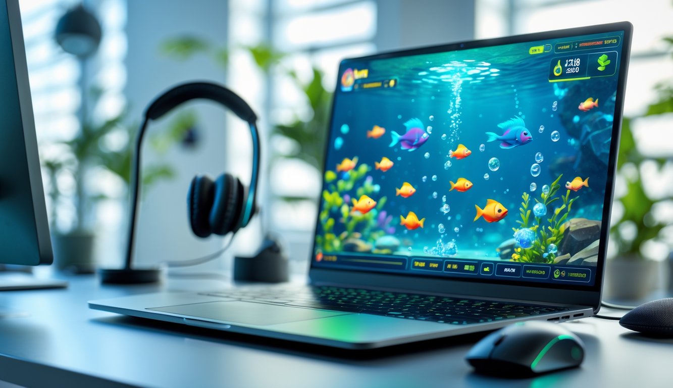 Sebuah komputer dengan layar menampilkan permainan tembak ikan online dengan latar belakang bawah laut dan aksesori permainan di meja.