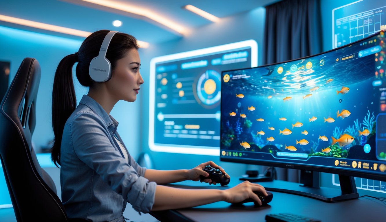 Seorang pemain dewasa sedang fokus bermain permainan menembak ikan online di ruang permainan modern dengan layar besar dan pencahayaan biru lembut.