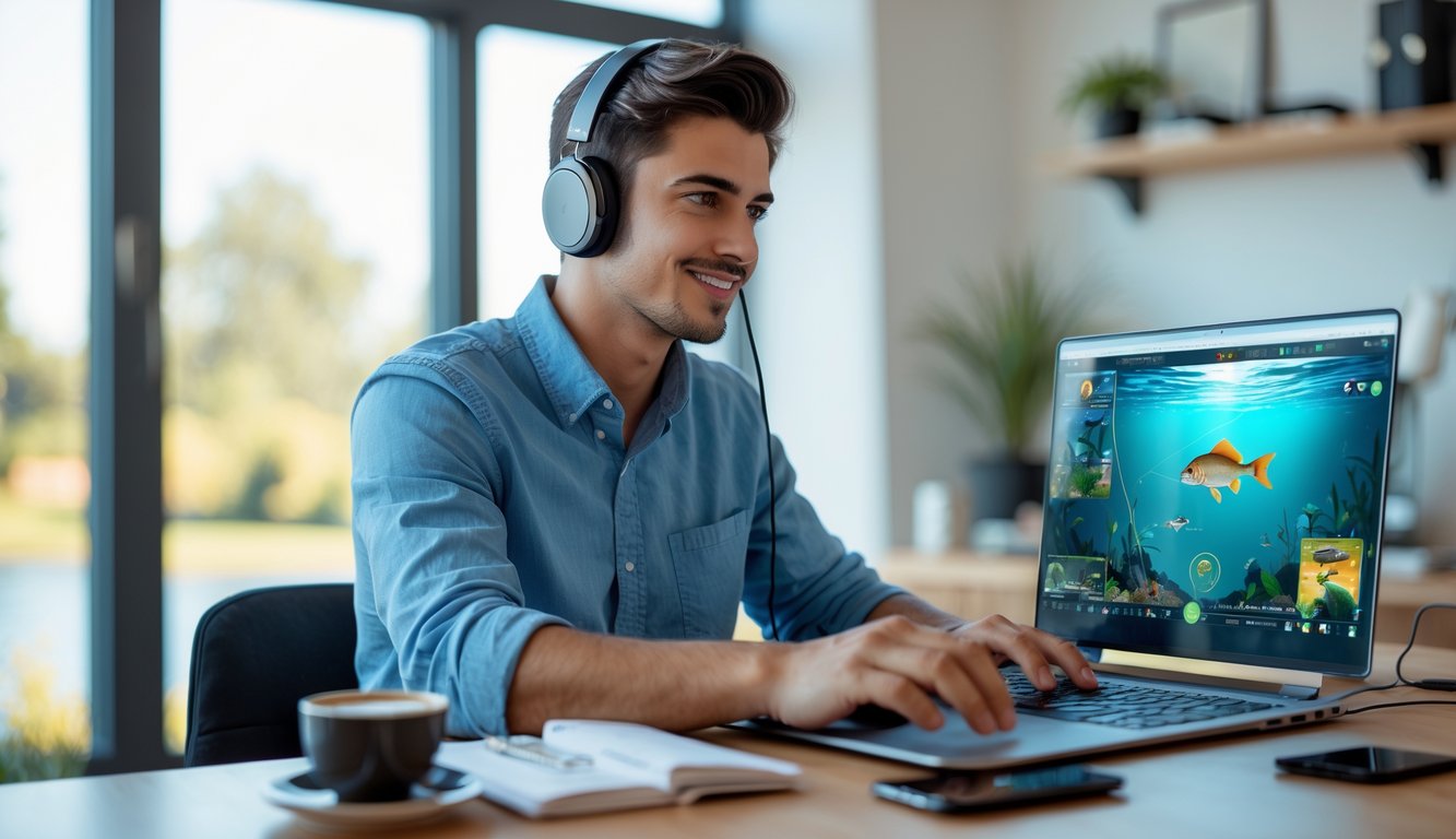 Seorang dewasa muda duduk di meja modern sambil bermain permainan ikan online di laptop di ruang kerja rumah yang terang dan rapi.