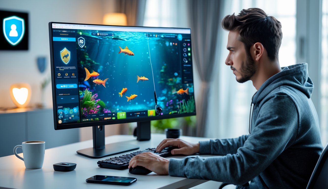 Seorang pria muda duduk di meja kerja dengan komputer yang menampilkan permainan tembak ikan online, terlihat fokus dan tenang di ruangan yang terang.