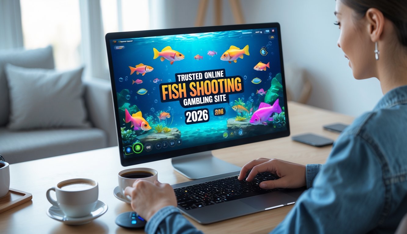 Seseorang menggunakan komputer dengan layar menampilkan permainan tembak ikan online di lingkungan kerja yang nyaman.