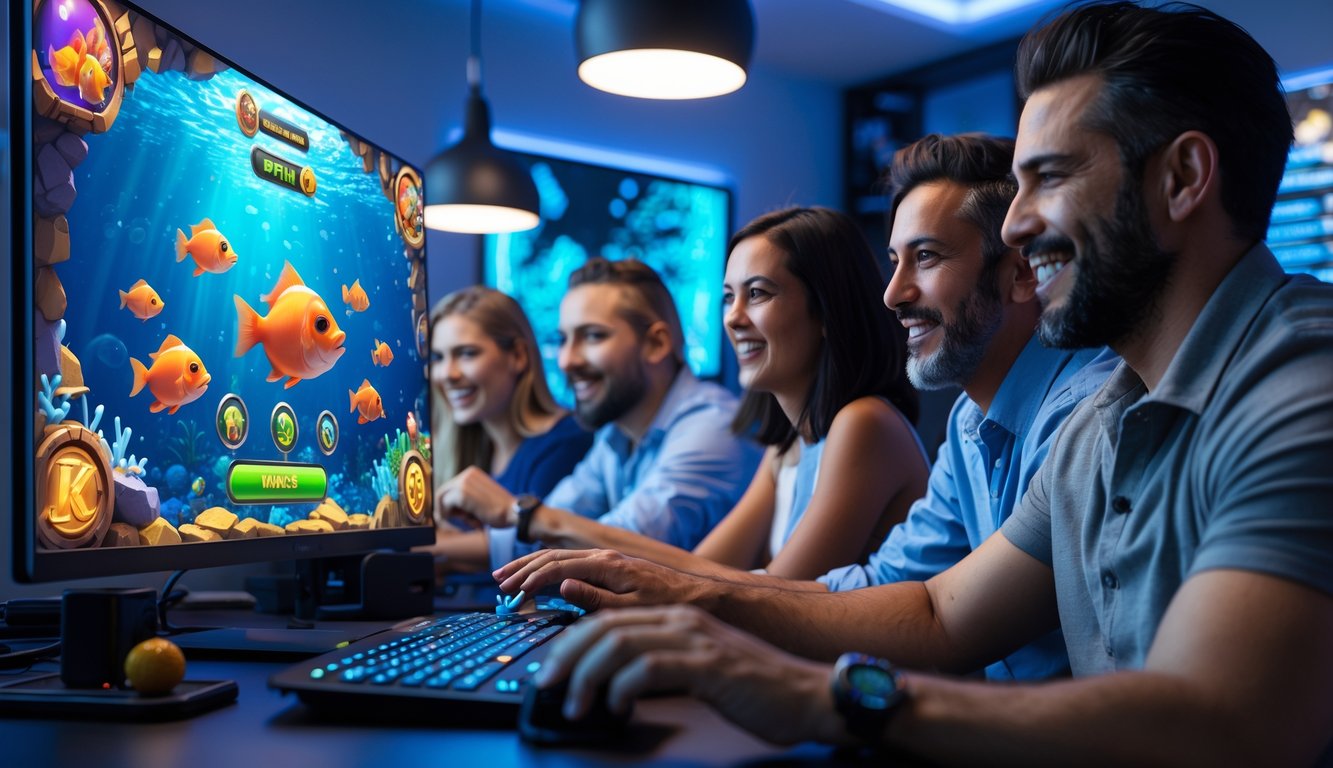 Orang-orang sedang bermain game tembak ikan online di ruangan dengan komputer dan pencahayaan modern.