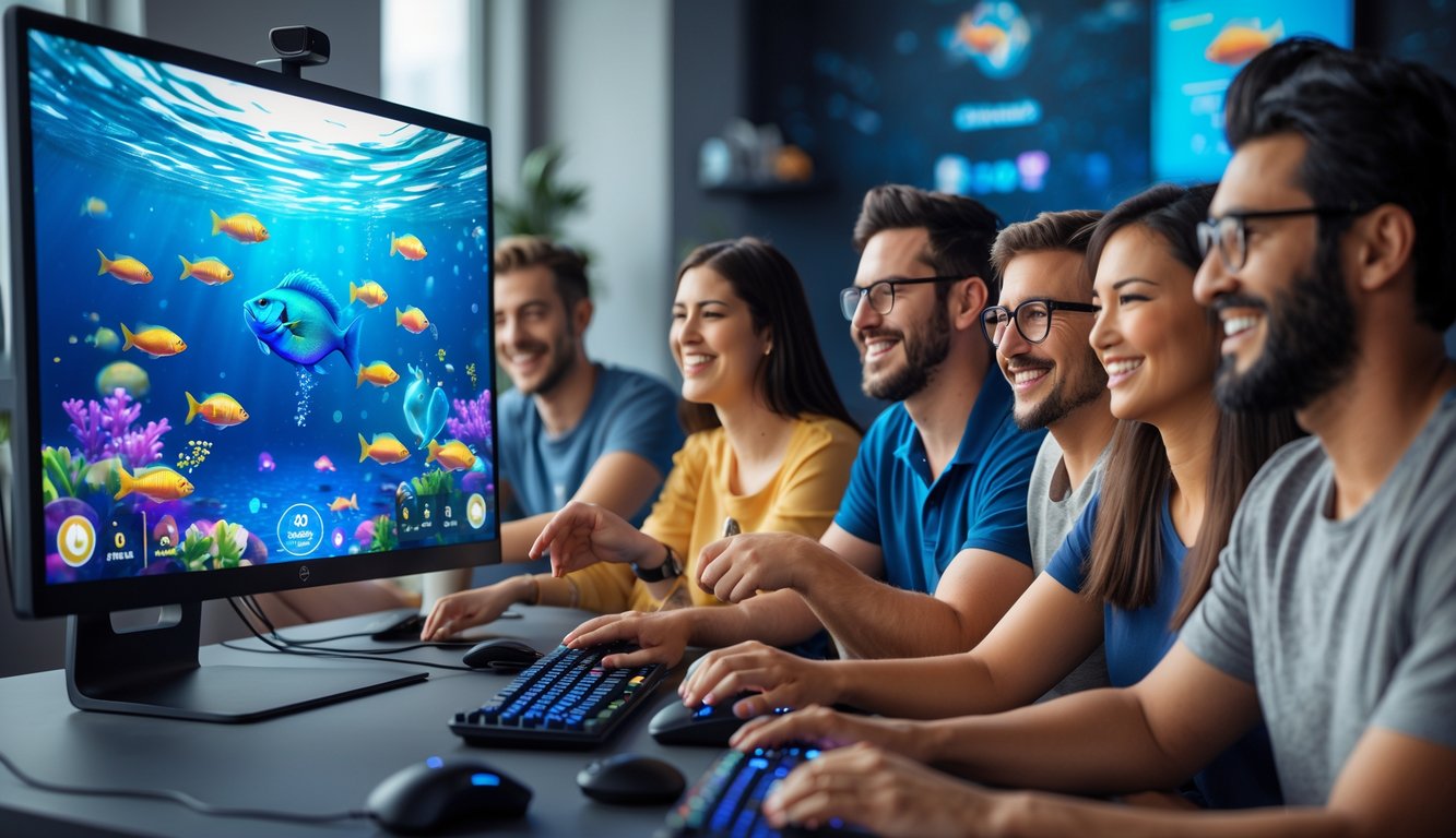 Beberapa orang sedang bermain game tembak ikan online di depan komputer dengan layar yang menampilkan ikan berwarna-warni di dalam air.