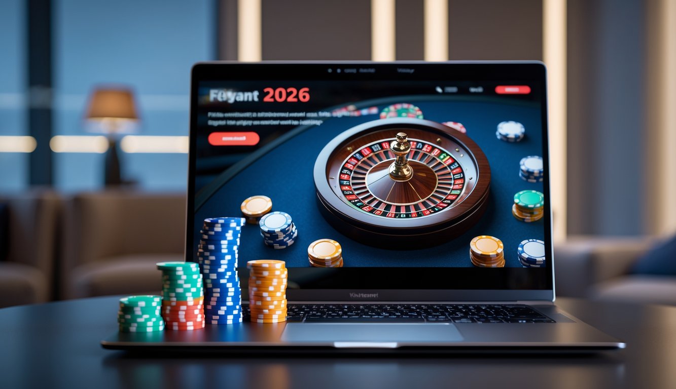 Sebuah meja dengan komputer menampilkan roda roulette online dan tumpukan chip warna-warni dalam ruangan yang elegan dan terang.