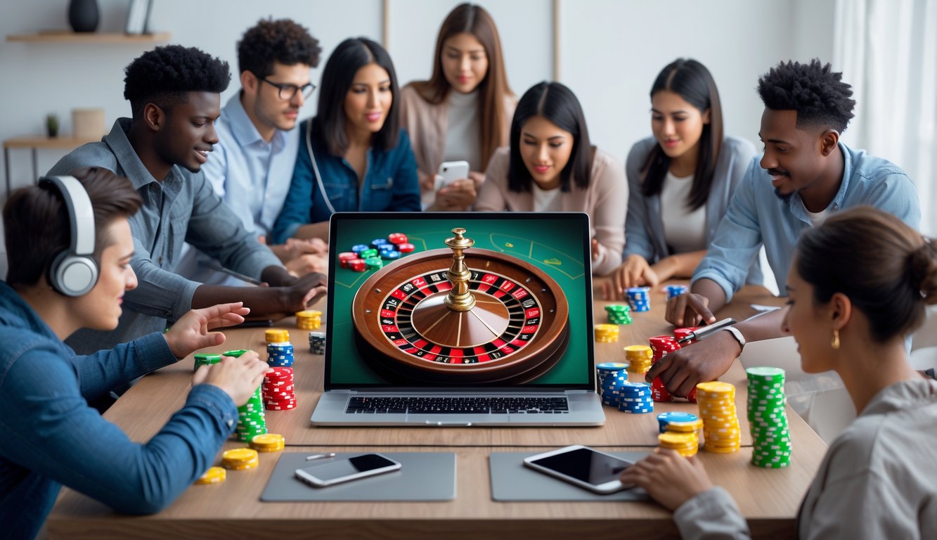 Sekelompok orang muda sedang belajar bermain roulette online di depan laptop dengan tampilan roda roulette digital yang berwarna-warni.