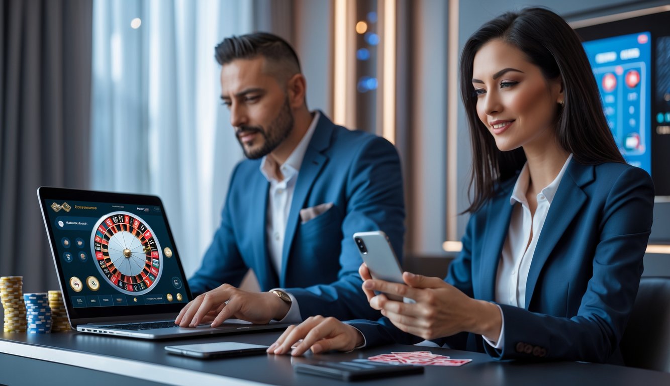Seorang pria dan wanita sedang bermain roulette online menggunakan laptop dan ponsel di ruangan modern yang terang.
