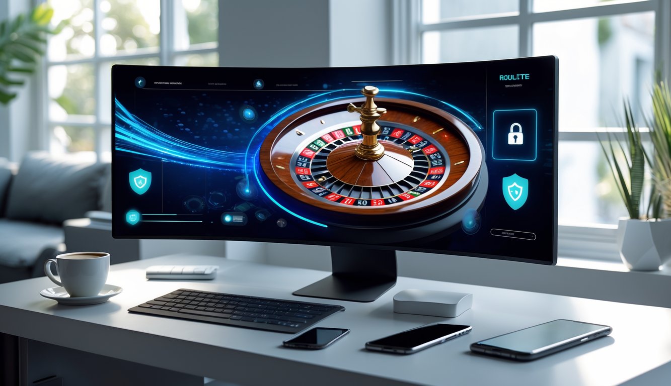 Sebuah meja kerja modern dengan layar komputer menampilkan roda roulette digital yang berwarna cerah, dikelilingi oleh laptop, ponsel, dan cangkir kopi di ruangan yang terang.