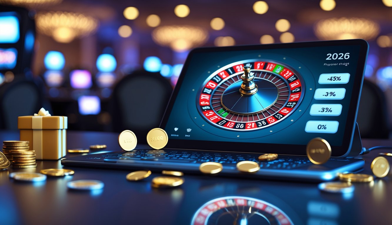 Sebuah pemandangan permainan roulette online yang menampilkan roda roulette digital di layar perangkat dengan koin emas dan hadiah di sekitarnya, berlatar belakang suasana kasino yang mewah.