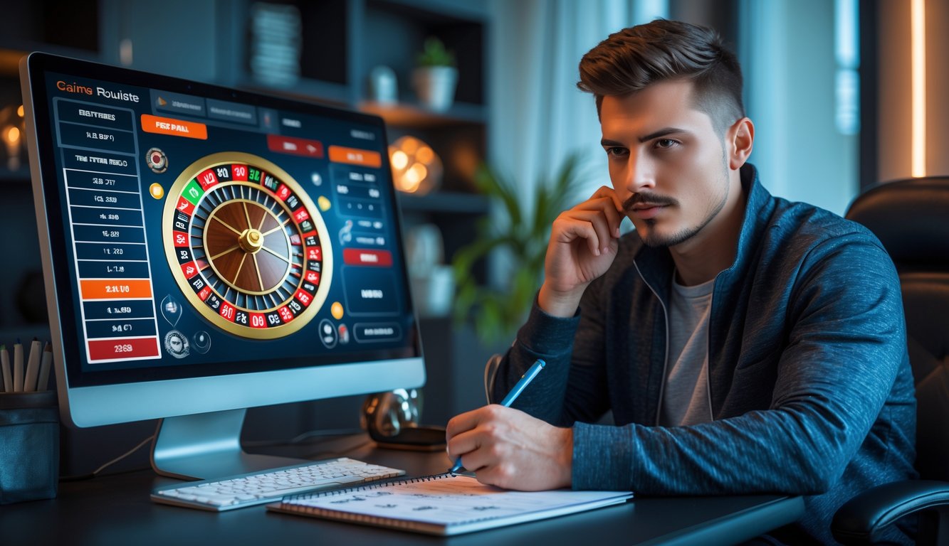 Seorang pria muda duduk di depan komputer dengan tampilan permainan roulette online, sedang mencatat strategi bermain.
