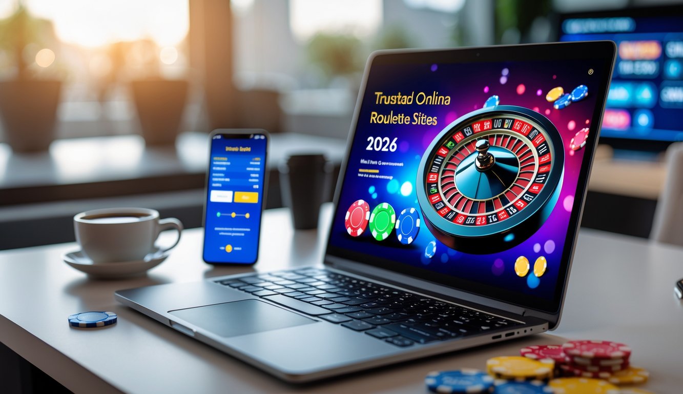 Seorang pria menggunakan laptop di meja kerja dengan tampilan roda roulette dan chip judi di layar, di sekitarnya terdapat kopi dan ponsel.