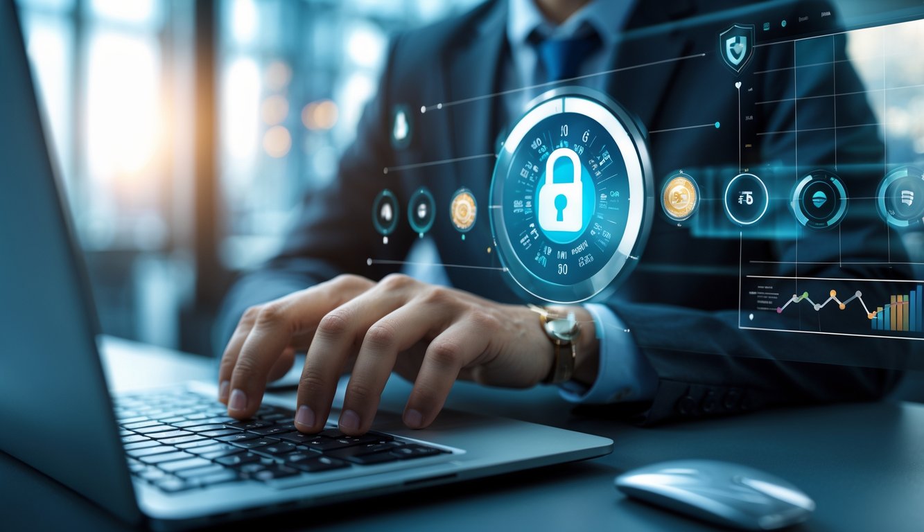 Seorang pria atau wanita sedang menggunakan laptop dengan tampilan permainan roulette digital di layar dalam ruangan kantor modern.