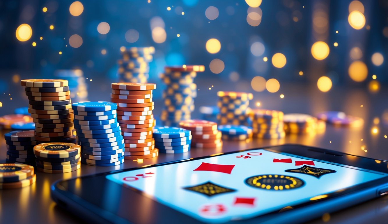 Sebuah meja poker digital modern dengan chip dan kartu bermain yang terang, menampilkan suasana mewah dan menarik untuk permainan poker online terpercaya.