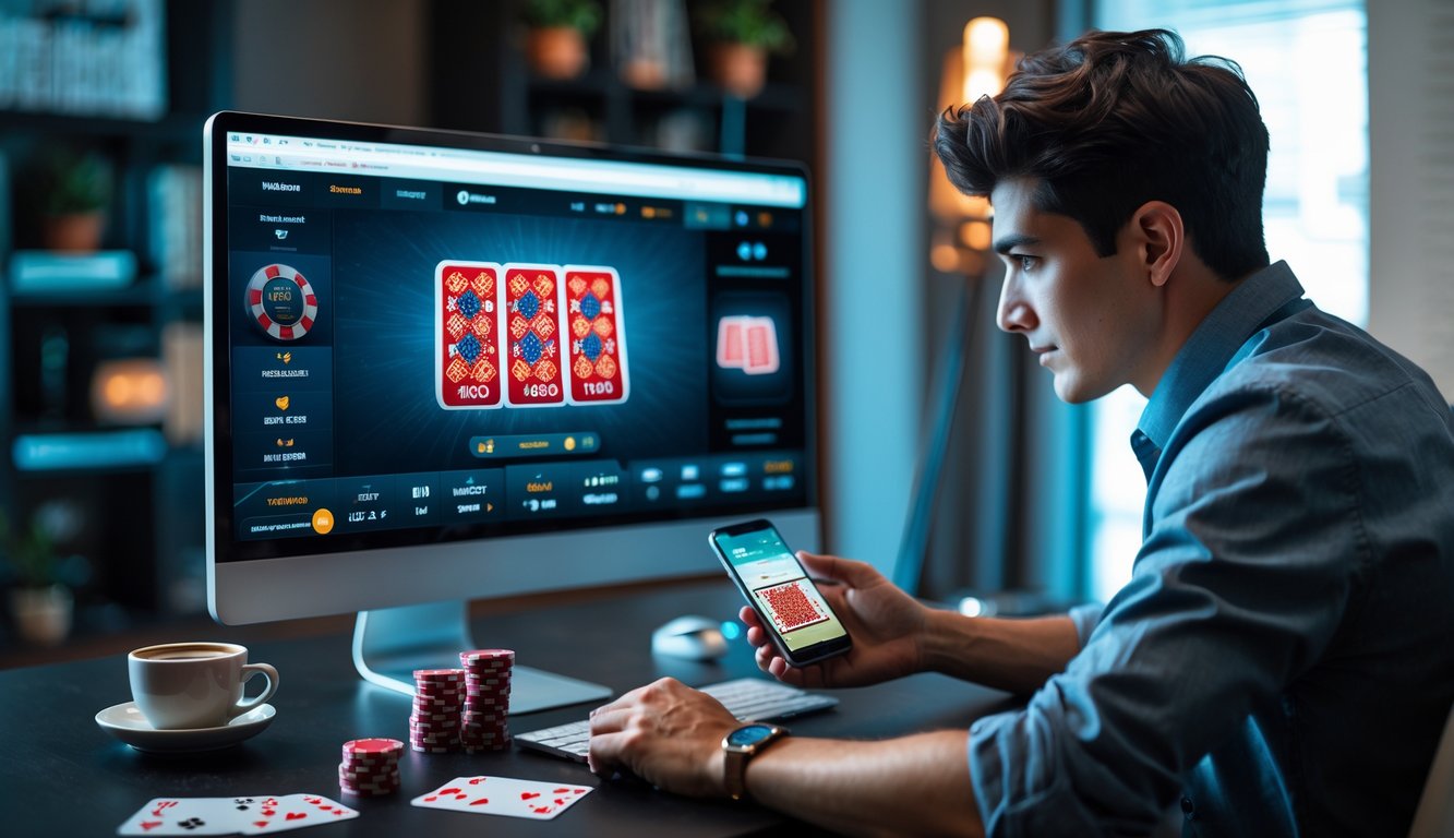 Seorang dewasa muda sedang bermain poker online di komputer di meja kerja dengan chip poker dan kartu di sekitarnya.