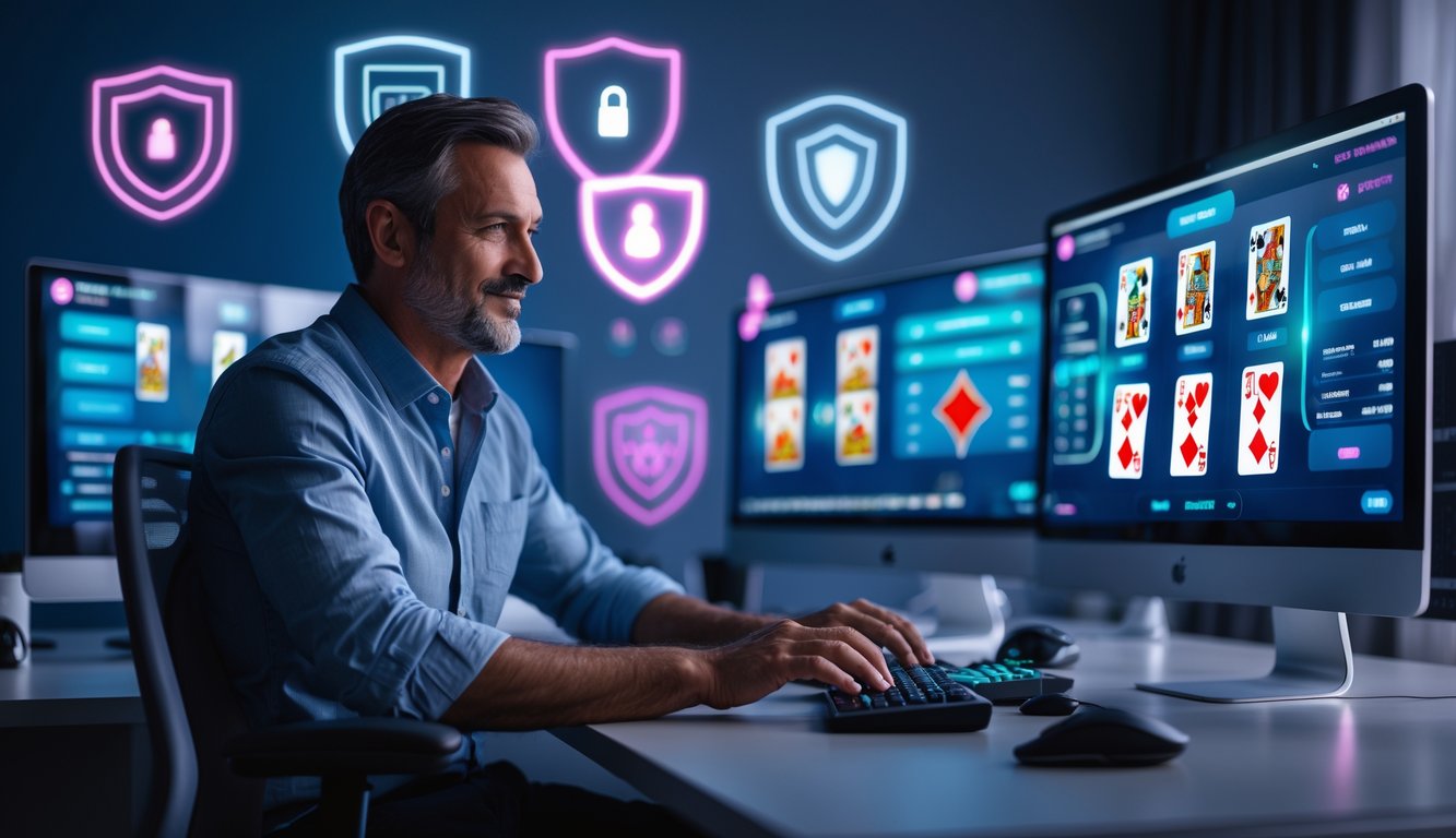 Seseorang bermain poker online di ruang kerja modern dengan beberapa layar komputer dan ikon keamanan digital di latar belakang.