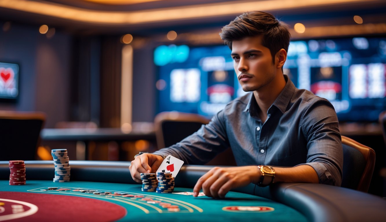 Seorang pria muda duduk di meja poker dengan kartu dan chip, terlihat fokus dan strategis di lingkungan kasino modern.