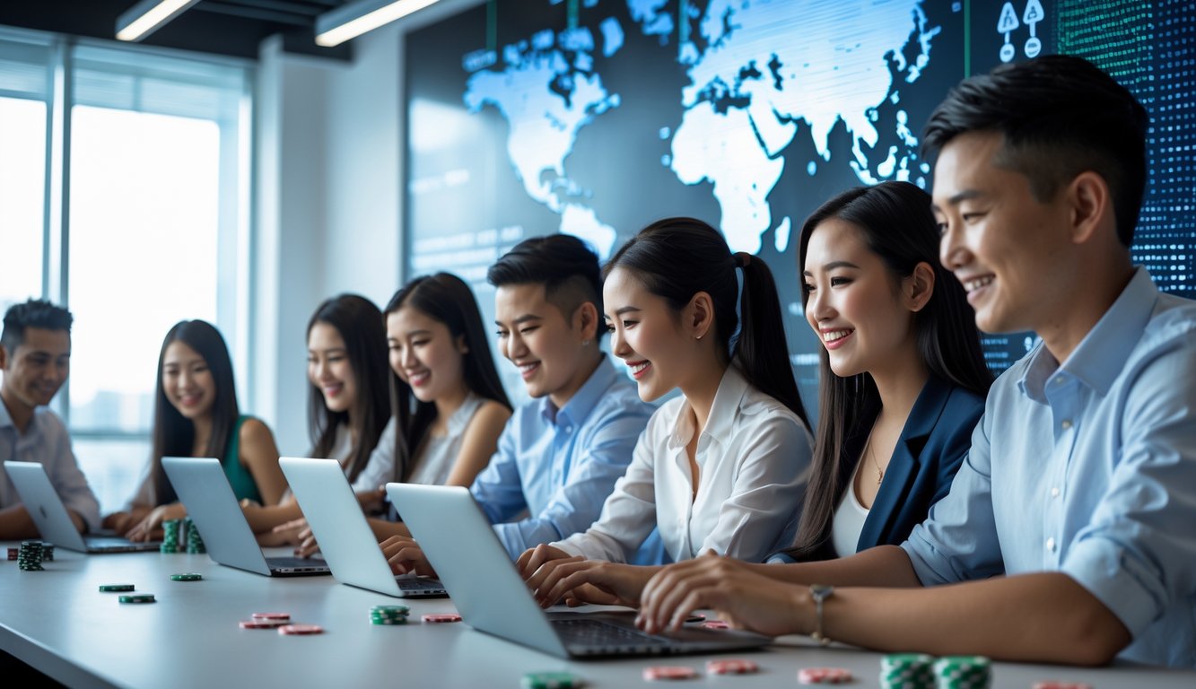 Sekelompok orang muda sedang bermain poker online di laptop dan tablet di sebuah kantor modern dengan suasana cerah dan nyaman.