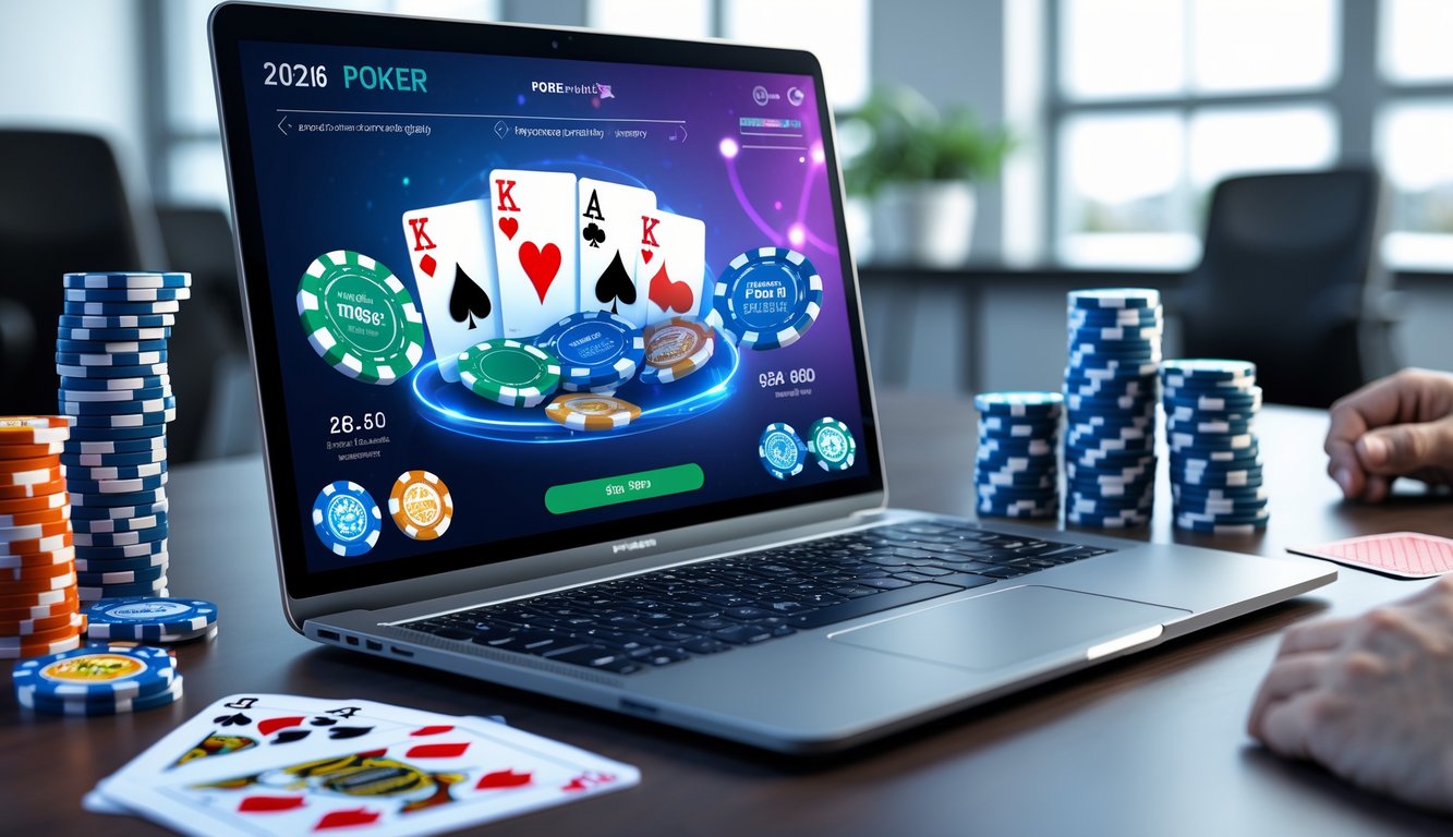 Sebuah meja dengan laptop menampilkan permainan poker online, dikelilingi chip poker dan kartu, di ruangan kantor yang terang.