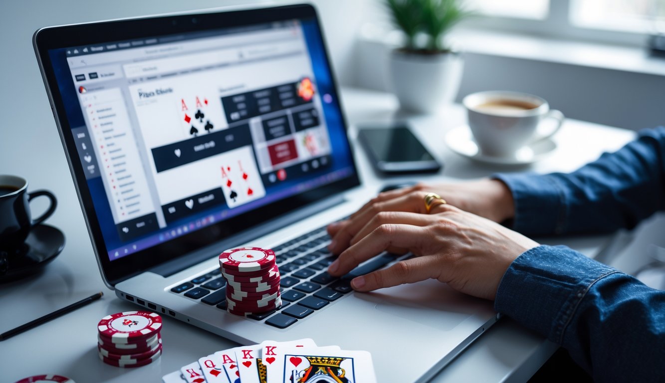 Seseorang bermain poker online di laptop dengan tumpukan chip poker dan kartu di meja.