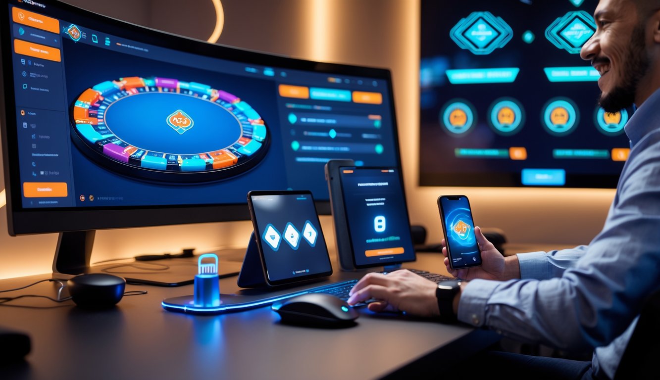 Seorang pemain poker online menggunakan komputer dengan layar menampilkan permainan poker, di meja terdapat ponsel dan tablet yang menunjukkan transaksi cepat.