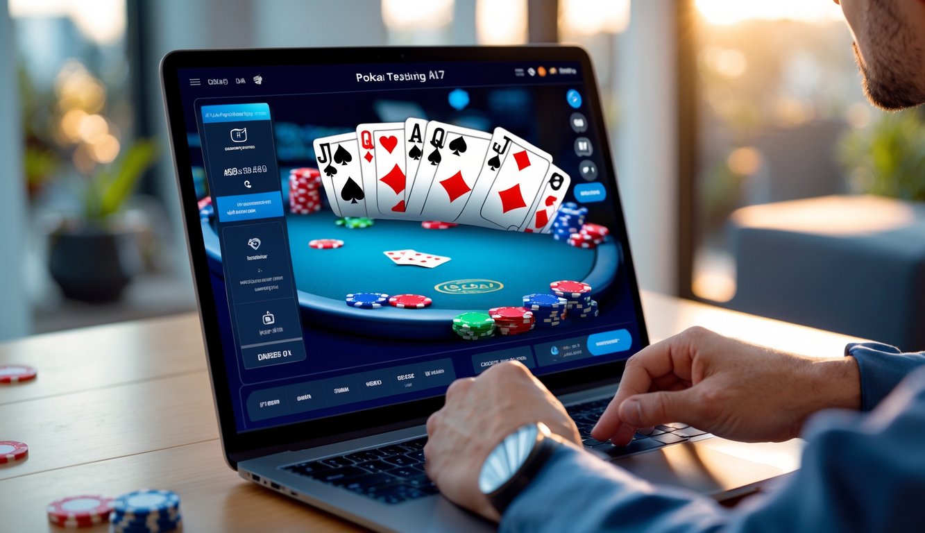 Seorang pemain serius sedang bermain poker online di perangkat digital di ruang modern yang terang.