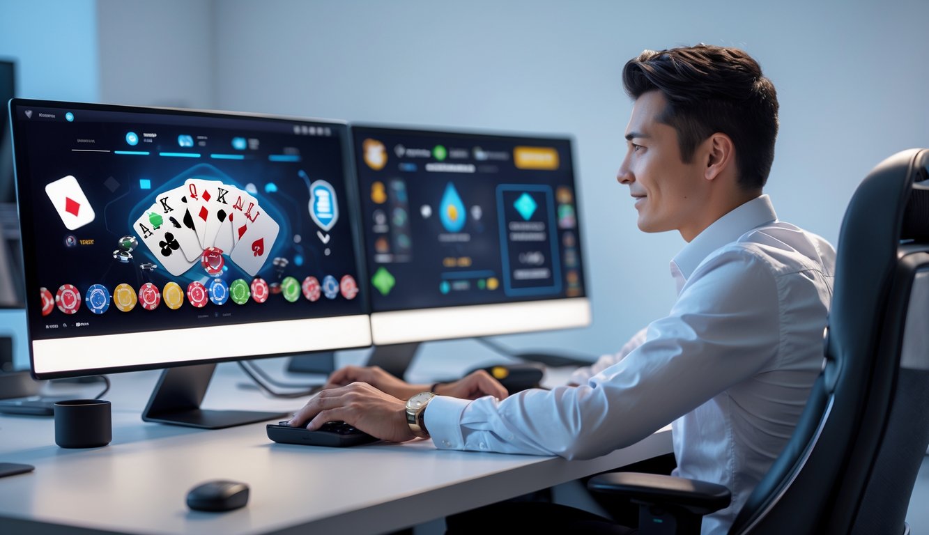 Seseorang duduk di depan komputer dengan tampilan permainan poker online yang cerah dan modern di layar, menunjukkan suasana permainan poker daring yang aman dan terpercaya.