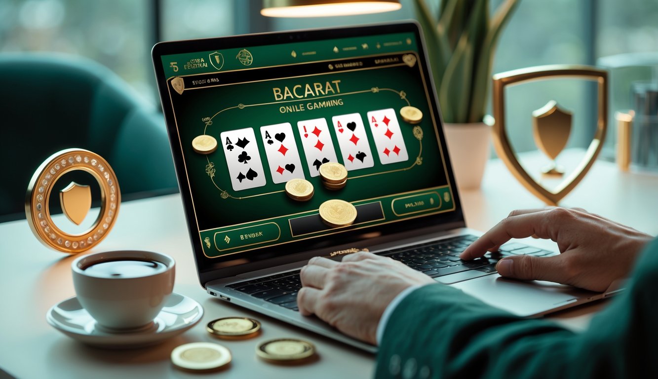 Seorang pemain sedang menggunakan komputer untuk bermain permainan baccarat online di meja kerja yang rapi dengan suasana nyaman.