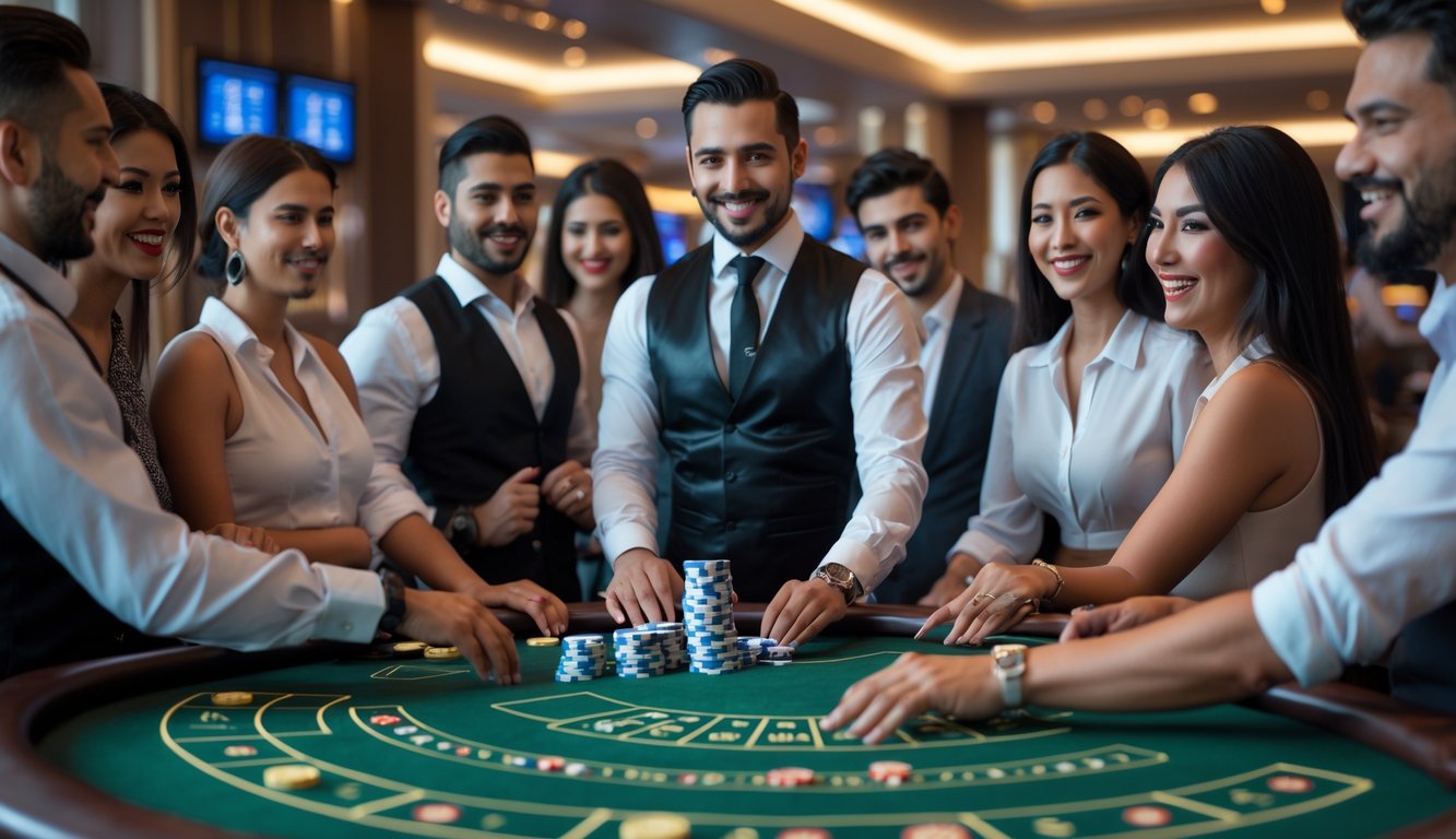 Seorang dealer dan beberapa pemain sedang bermain baccarat di meja kasino dengan suasana mewah dan pencahayaan hangat.