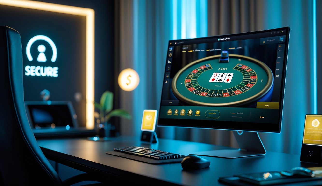 Sebuah ruangan modern dengan layar komputer menampilkan permainan baccarat online yang sedang berlangsung, dikelilingi oleh suasana yang nyaman dan pencahayaan lembut.