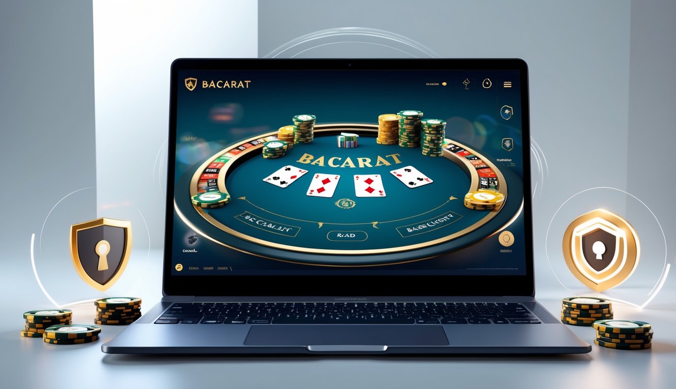 Sebuah laptop menampilkan permainan baccarat online dengan kartu dan chip, dikelilingi simbol keamanan seperti gembok digital dan perisai, di meja yang bersih dan pencahayaan lembut.