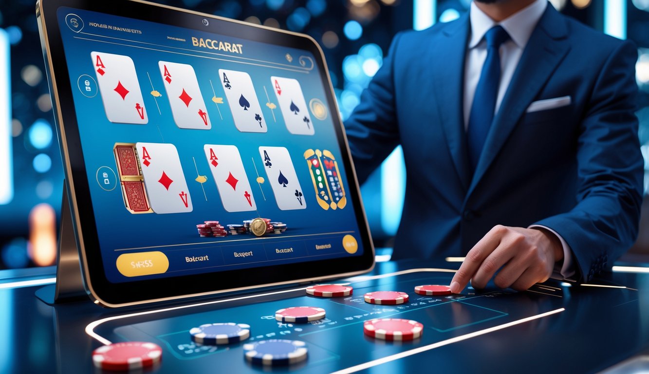 Seorang pria berpakaian rapi sedang menggunakan layar sentuh digital dengan kartu dan chip baccarat di latar belakang futuristik.