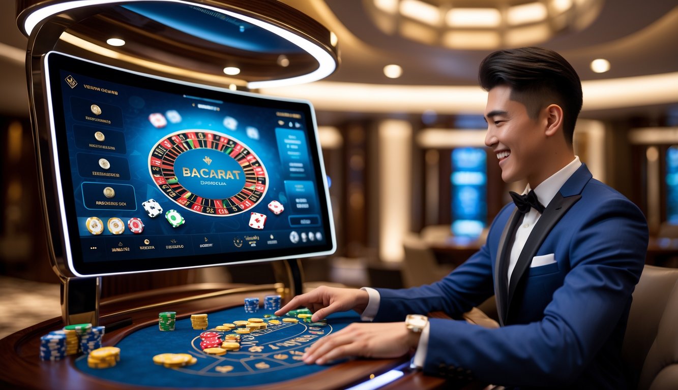 Seorang dewasa muda sedang bermain baccarat online dengan antarmuka digital modern di layar besar, di ruangan dengan pencahayaan hangat dan dekorasi mewah.