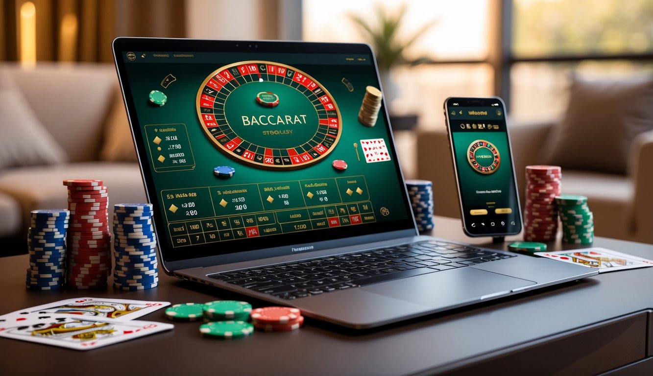 Sebuah meja dengan komputer menampilkan permainan baccarat online, dikelilingi chip kasino dan kartu remi.