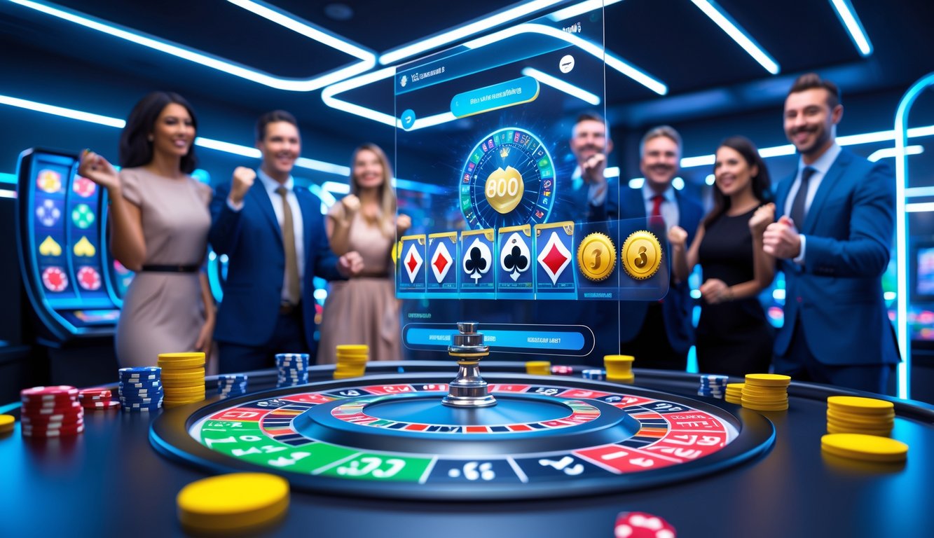 Orang-orang yang bahagia menggunakan antarmuka kasino online modern dengan elemen permainan seperti kartu, dadu, dan roda roulette di latar belakang.