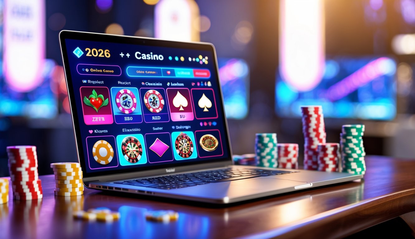 Meja kerja dengan laptop yang menampilkan permainan kasino online, dikelilingi chip poker, kartu remi, dan dadu.