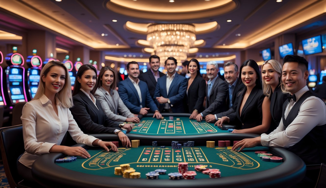 Orang-orang bermain di meja kasino dengan suasana mewah dan cerah di dalam ruangan kasino.