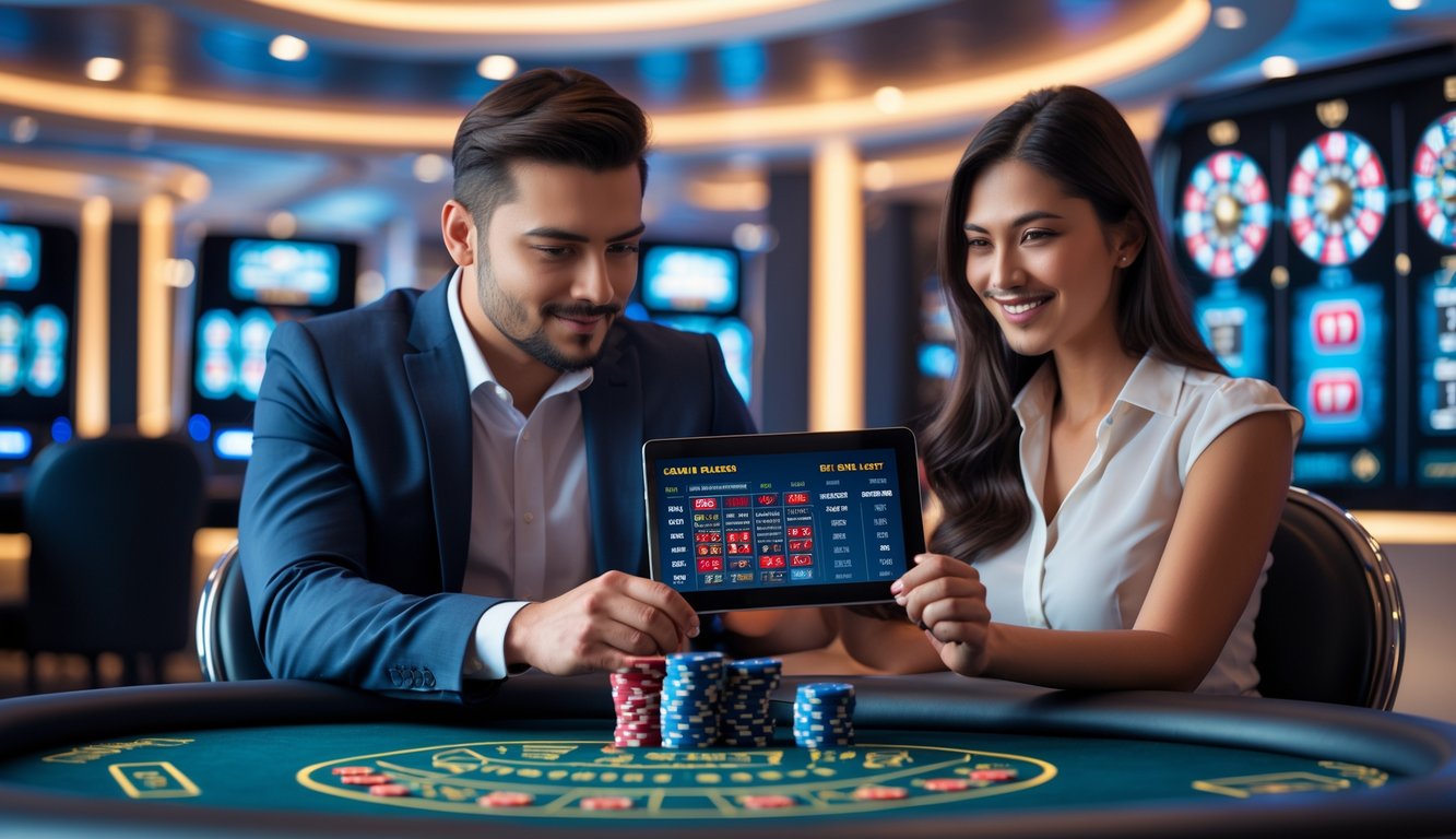 Seorang pria dan wanita duduk di meja kasino dengan tablet dan chip poker, di dalam kasino online modern yang terang dan futuristik.