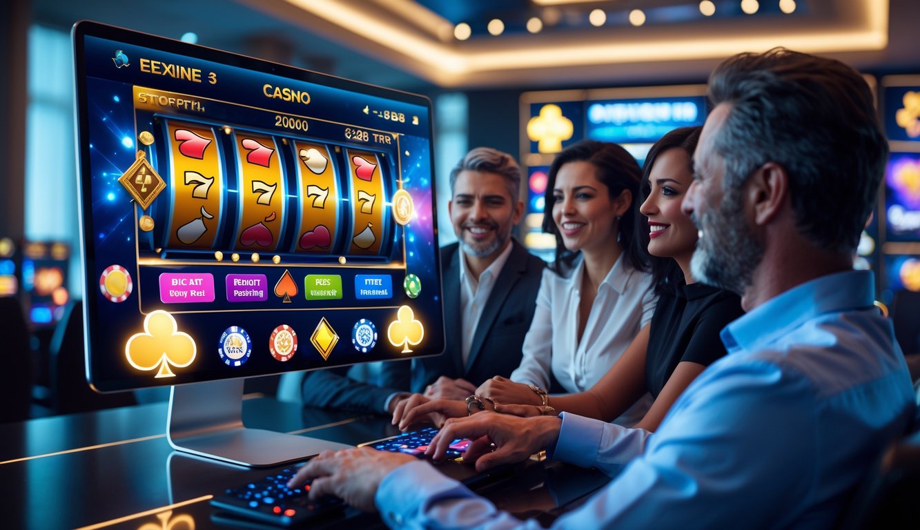 Orang-orang menggunakan platform kasino online modern dengan suasana mewah dan layar menampilkan permainan kasino digital.