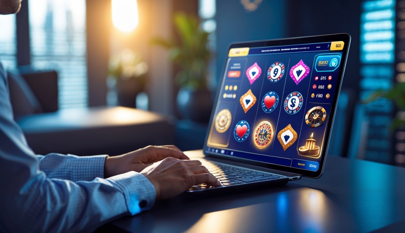 Seseorang menggunakan laptop di ruang kerja modern dengan ikon permainan kasino digital di layar, menunjukkan pengalaman judi online yang aman dan terpercaya.