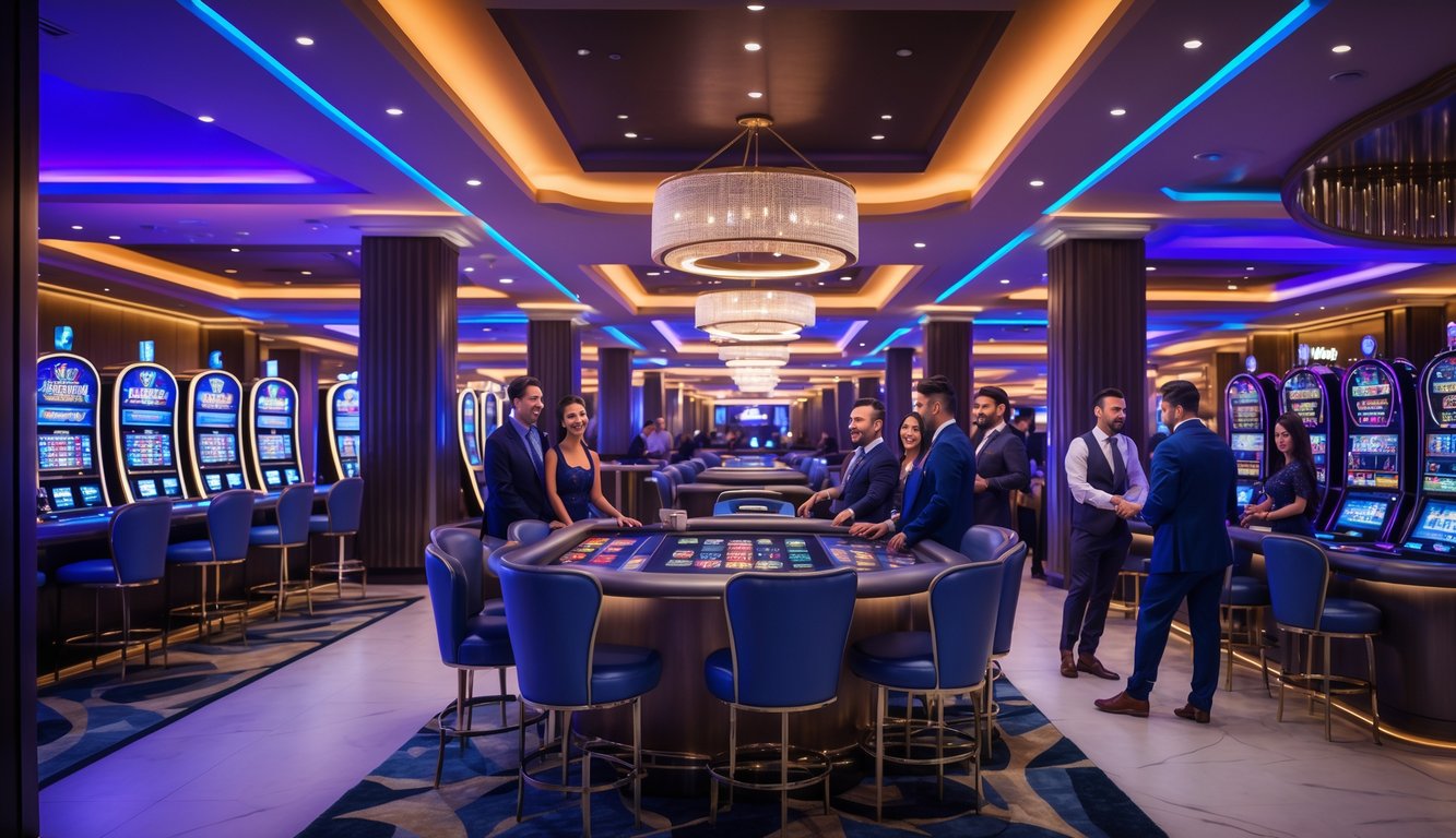 Interior kasino modern dengan meja permainan, mesin slot, dan orang-orang yang menikmati suasana malam hari.