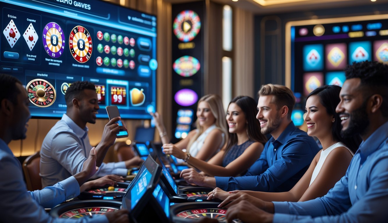 Beberapa pemain yang antusias menggunakan perangkat digital untuk bermain permainan kasino online di lingkungan yang modern dan mewah.