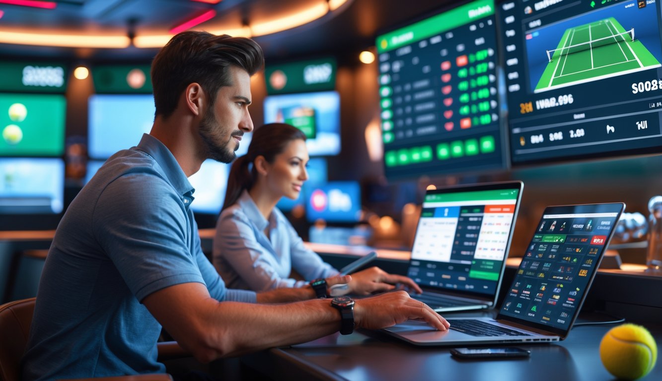 Dua orang dewasa sedang menggunakan laptop dan ponsel untuk memasang taruhan tenis dengan layar digital menampilkan pertandingan tenis dan peluang taruhan di latar belakang.