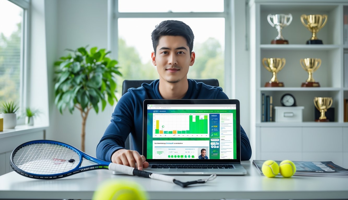 Seorang dewasa muda duduk di meja dengan laptop, dikelilingi peralatan tenis, fokus pada layar yang menampilkan situs taruhan tenis.