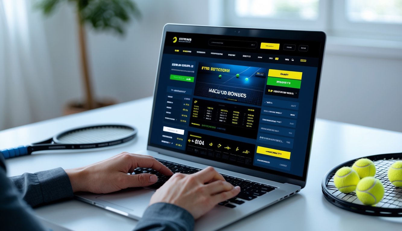 Seseorang menggunakan laptop dengan tampilan situs taruhan tenis online, di meja dengan raket dan bola tenis di dekatnya.