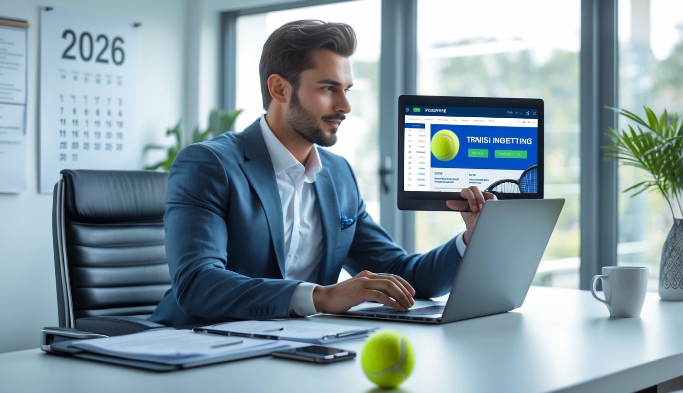 Seseorang duduk di meja dengan laptop yang menampilkan situs taruhan tenis, di ruang kantor yang terang dan rapi.