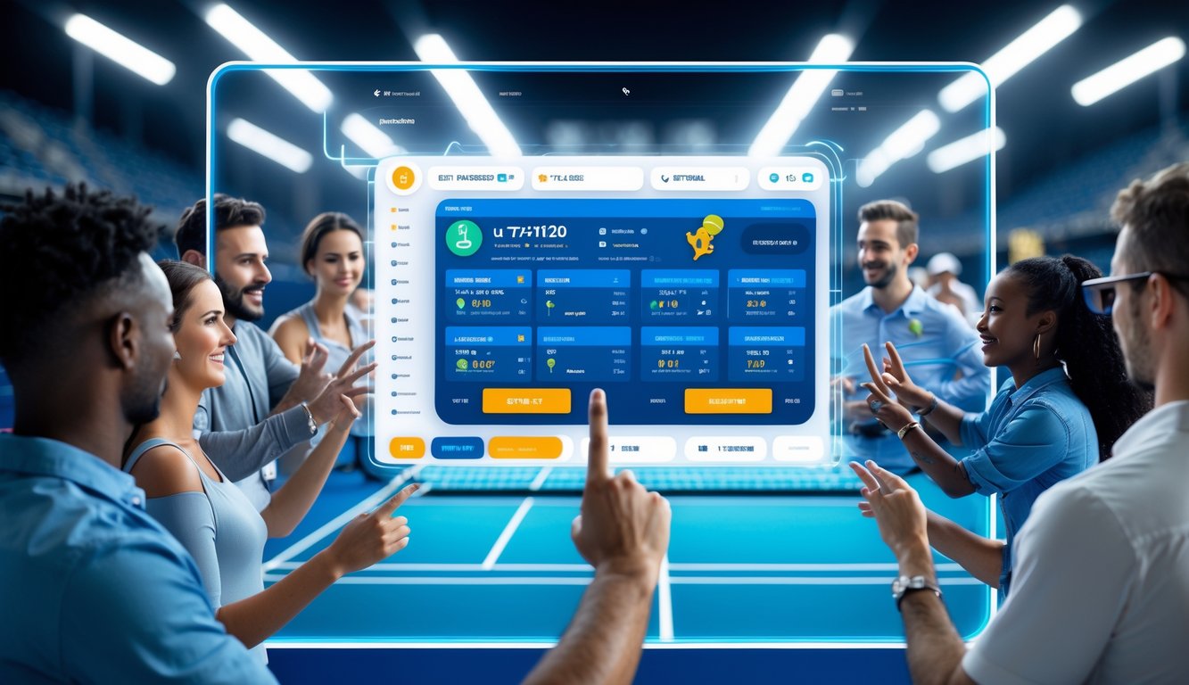 Beberapa orang sedang menggunakan layar digital modern untuk melihat statistik dan memasang taruhan tenis saat pertandingan berlangsung di latar belakang.