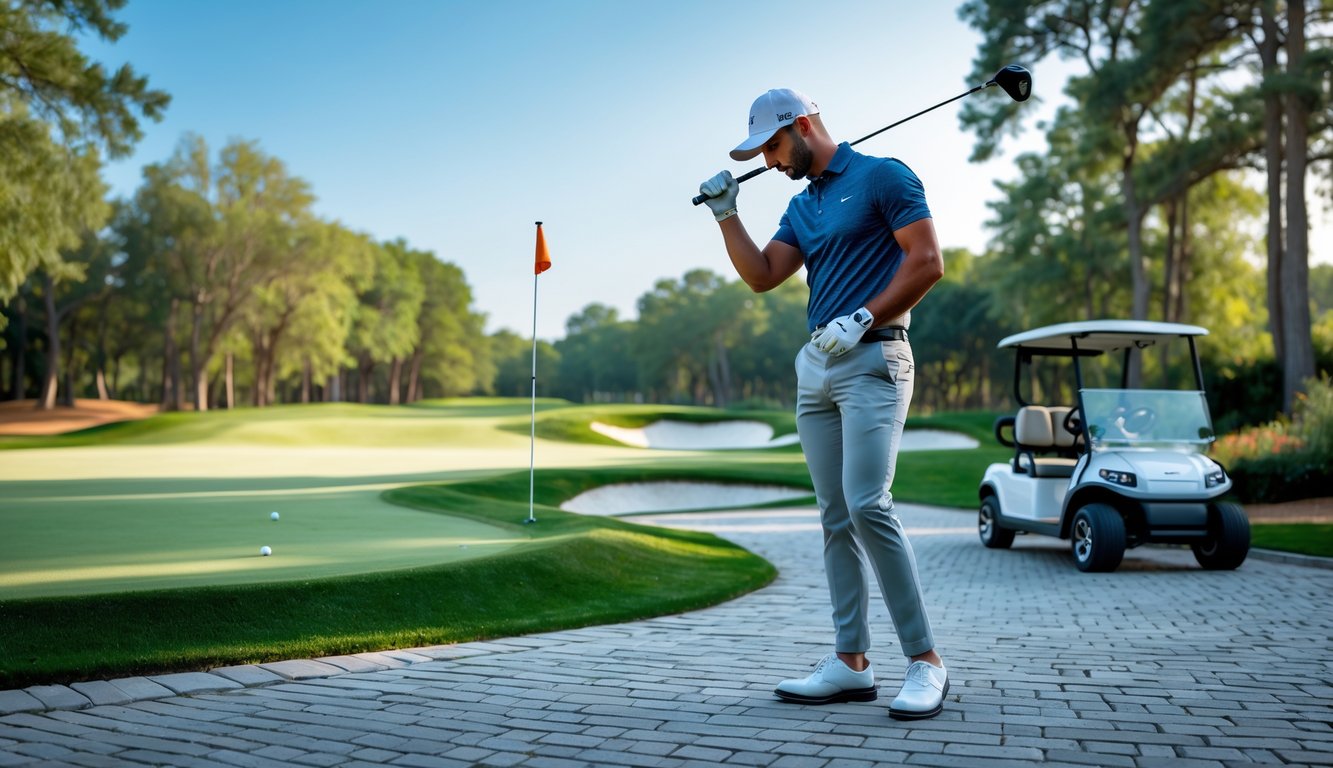 Seorang pegolf yang fokus bersiap memukul bola di lapangan golf hijau dengan pohon dan langit cerah di latar belakang.