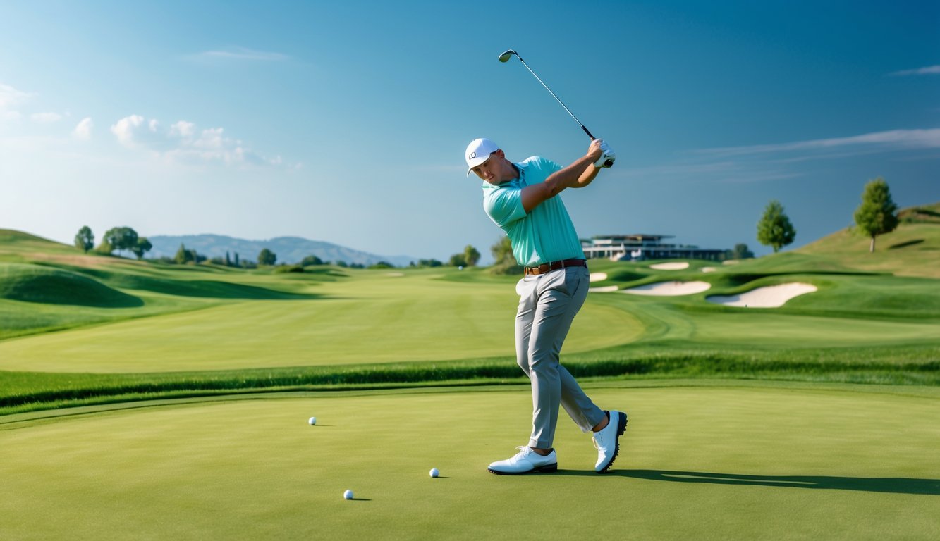 Seorang pegolf muda sedang bersiap melakukan ayunan di lapangan golf hijau yang terawat dengan latar belakang clubhouse dan langit cerah.