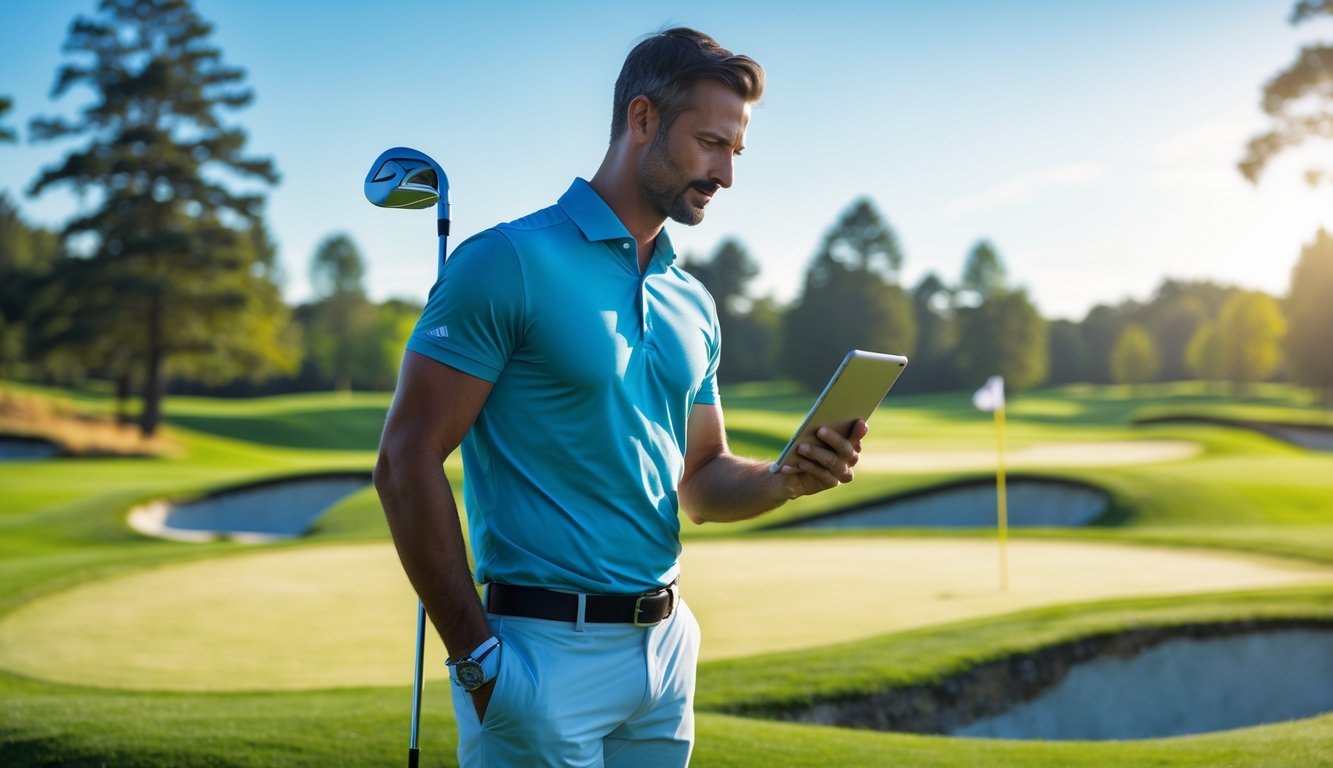 Seorang pria berdiri di lapangan golf yang hijau sambil memegang tongkat golf dan tablet digital, tampak fokus dan berpikir.