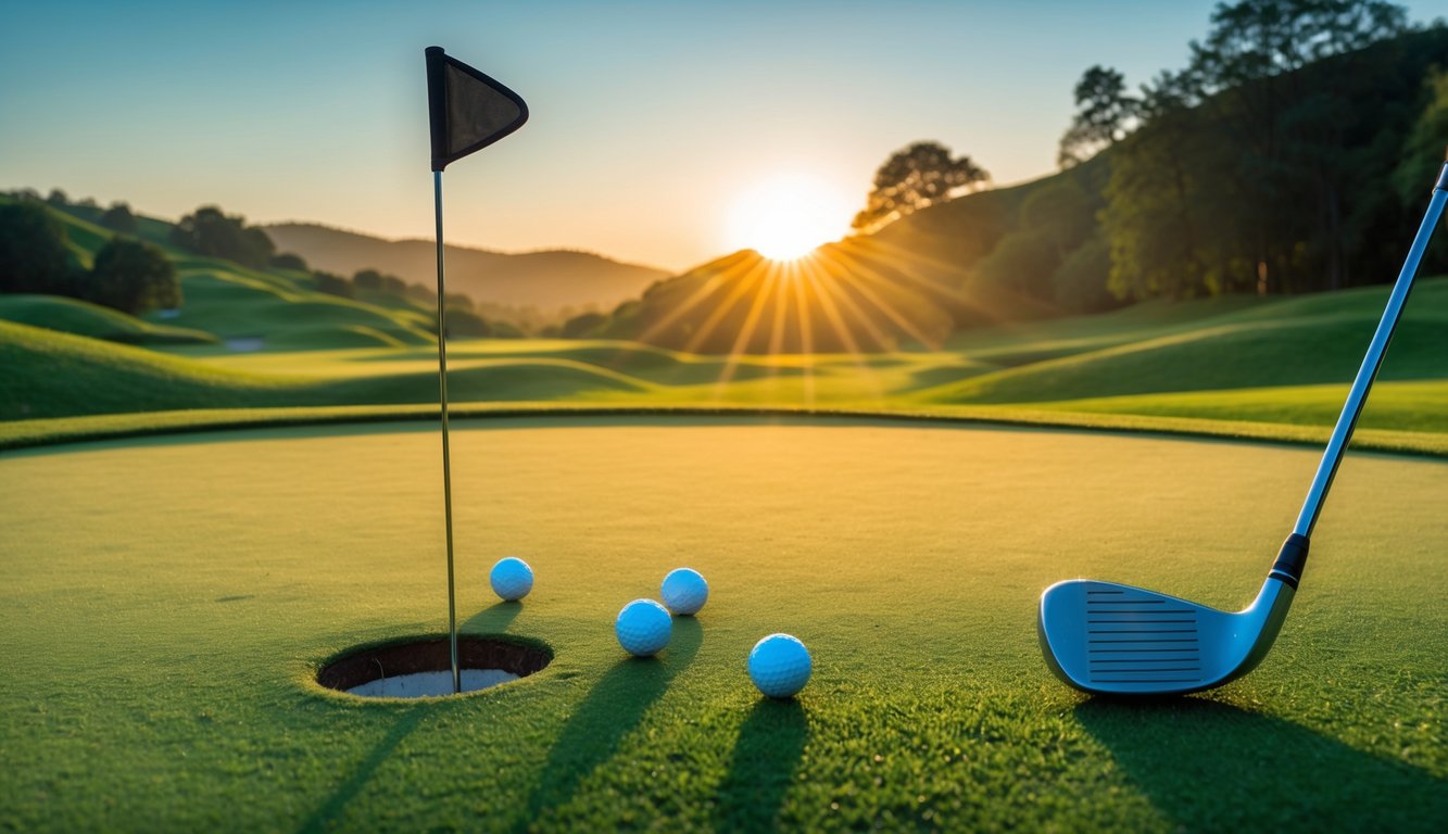 Pemandangan lapangan golf yang rapi dengan bendera dan klub golf di rumput saat matahari terbit.