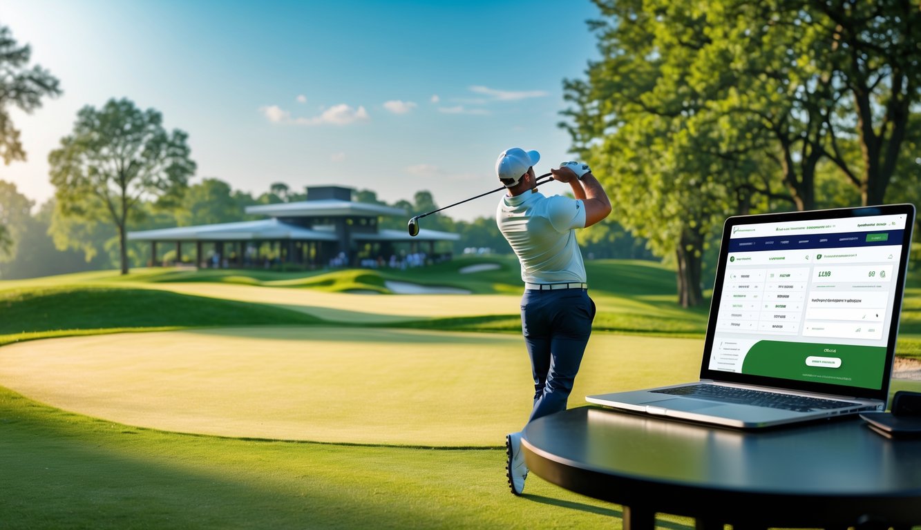 Seorang pemain golf sedang mengayunkan tongkat golf di lapangan golf yang hijau dengan latar belakang klub golf dan pepohonan.